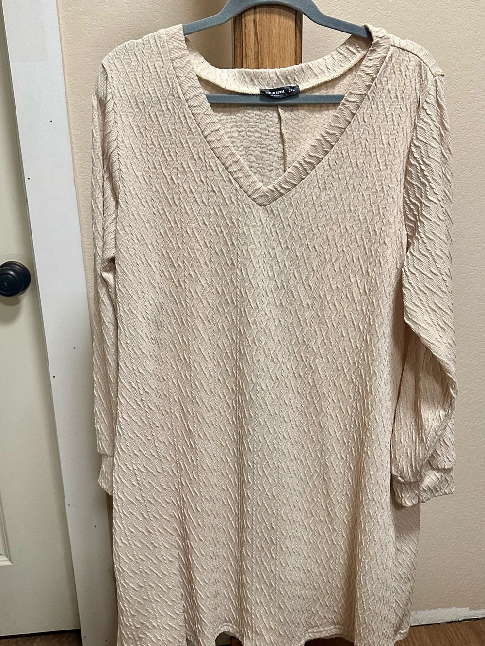 SHEIN Cream V-Neck Textured Long Sleeve Dress